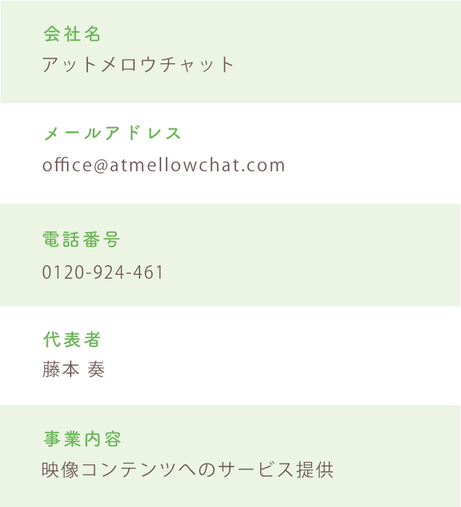 会社名:アットメロウチャット、メールアドレス：office@atmellowchat.com、電話番号：0120-924-461、代表者：藤本奏、事業内容：映像コンテンツへのサービス提供